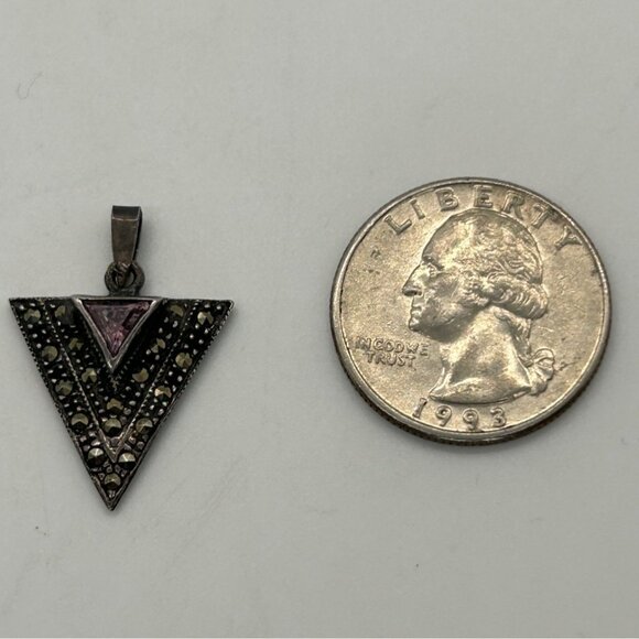 Sterling Silver Arrow Pendant Triangle W/ Purple Glass Crystal & Marcasite  925 - Picture 7 of 9